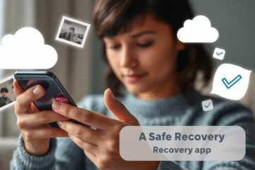 Ilustracja przedstawiająca proces odzyskiwania usuniętych zdjęć za pomocą bezpiecznej aplikacji.