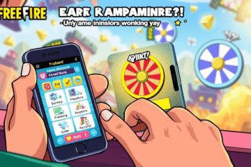 Grafika ilustrująca metodę zdobywania diamentów w grze Free Fire przez aplikację.