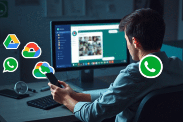 Ilustracja przedstawiająca proces odzyskiwania usuniętych zdjęć z WhatsAppa.