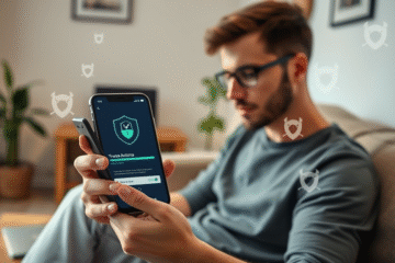 Grafika przedstawiająca telefon komórkowy z ikonami aplikacji antywirusowych, symbolizująca usuwanie złośliwego oprogramowania.