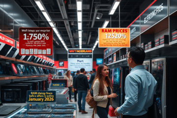 Grafika ilustrująca wzrost cen komputerów z powodu rosnących kosztów pamięci RAM.