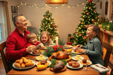 Rodzina przygotowująca się do Świąt Bożego Narodzenia, z uwzględnieniem zmiany wydatków i spadku cen.