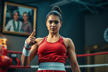 Mistrzyni świata w boksie w trakcie treningu, symbolizująca siłę i determinację w pokonywaniu przeciwności losu.