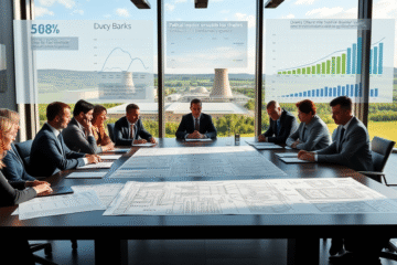 Ilustracja wizualizująca projekt pierwszej elektrowni jądrowej w Polsce, z uwzględnieniem aspektów finansowych i instytucji zaangażowanych w projekt.