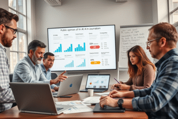 Obrazek przedstawiający badanie dotyczące świadomości Polaków na temat sztucznej inteligencji i ich obaw związanych z jej użyciem w dziennikarstwie.