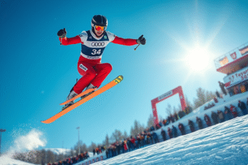 Kacper Tomasiak w akcji podczas zawodów skoków narciarskich.