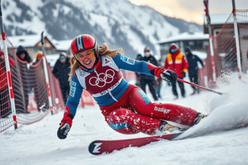 Michelle Gisin podczas zawodów narciarskich przed wypadkiem, symbolizująca determinację i siłę w obliczu przeciwności.