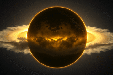 Grafika przedstawiająca PSR J2322-2650 b z chmurami helu i węgla, oraz diamentami w atmosferze.