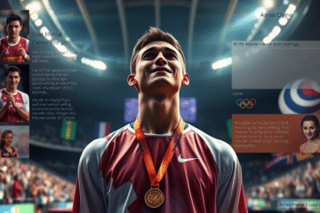 Sportowiec zmaga się z emocjami po zdobyciu złotego medalu na igrzyskach olimpijskich.