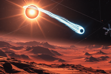 Obraz przedstawiający międzygwiezdną kometę 3I/ATLAS oraz kosmiczne odkrycia związane z życiem na Marsie.