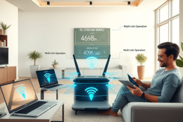 Wizualizacja technologii Wi-Fi 7 z charakterystycznymi parametrami technicznymi