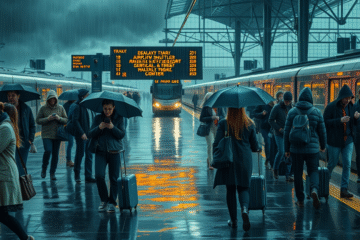 Pociąg na stacji z informacjami o utrudnieniach w kursowaniu.