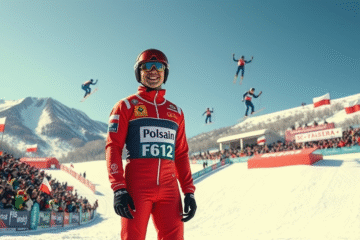 Kacper Tomasiak podczas skoków narciarskich, rywalizujący na Pucharze Świata.