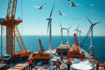 Wizualizacja budowy farmy wiatrowej u wybrzeża, z wieżami i turbinami wiatrowymi w tle.