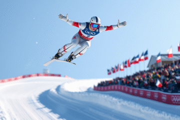 Kacper Tomasiak skacze na zawodach narciarskich.