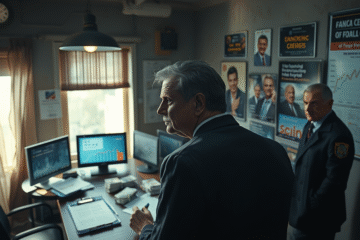 Ilustracja przedstawiająca procesy sądowe i finansowe związane z bankiem Master i oskarżeniami o pranie pieniędzy.