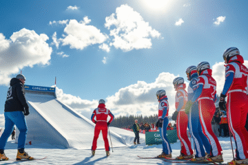 Skoczkowie narciarscy przygotowujący się do zawodów.