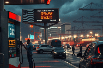 Ilustracja przedstawiająca wpływ trwającego konfliktu na globalną gospodarkę, z rosnącymi cenami paliw i zakłóceniami łańcuchów dostaw.